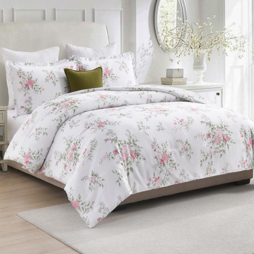 Set de edredon Floral Queen FineStichery - Juego de cama de edredones tamano queen de algodon mullido, juegos de ropa de cama suaves y ligeros, juego de cama acolchado de 3 piezas con fundas de almohada, blanco/rosa - Imagen 2