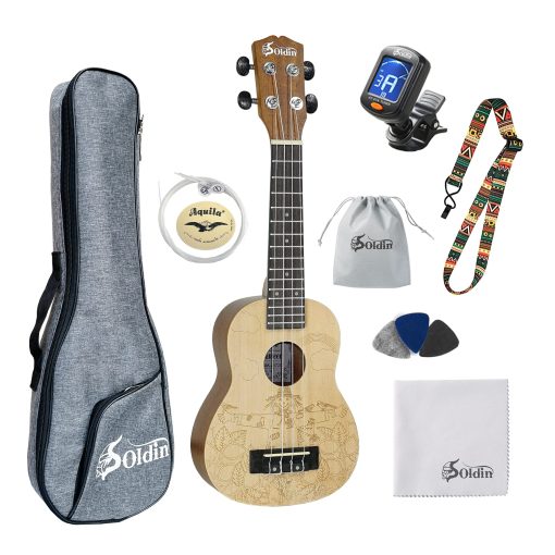 Ukelele de la serie Artist con tapa de abeto solido y fondo y laterales de caoba - Kit para principiantes con bolso de transporte, afinador, cuerdas, correa, puas, pano de limpieza (Scarecrow, 21 pulgadas)