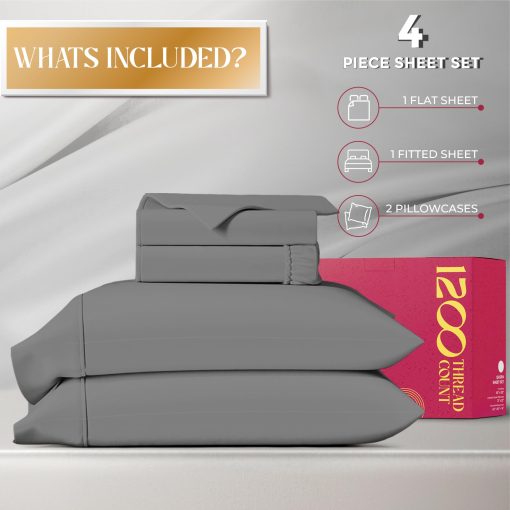Juego de sabanas Queen Size 100% algodon egipcio de Mayfair Linen - 1200 hilos 4 piezas Juego de sabanas Queen Size algodon egipcio, sabana de lujo Queen Size de sabana de alta cantidad de hilos, bolsillo profundo de 16" - Gris Oscuro - Imagen 4