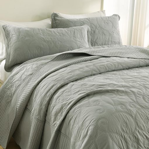 Colcha Queen Size Oversized Finlonte 120"x102" - 100% Algodon con Bordado en Enredadera, Colcha Acolchada Gris Solido, Conjunto de Colcha Extra Grande Suave para Cama Queen con 2 Fundas de Almohada - Imagen 6
