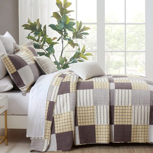 Juego de Edredon Queen Size Y-PLWOMEN, Edredon Queen 100% Algodon, Juego de Edredon Plaid Amarillo Marron Blanco Queen, Colcha Reversible Ligera Queen para Todas las Temporadas, 3 Piezas - Imagen 3