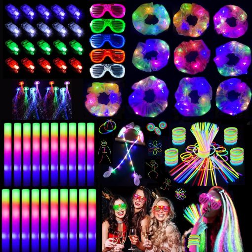 266 PCS Suministros de Fiesta que Brillan en la Oscuridad, 20 Palos de Espuma Luminosos, 10 Pinzas para el Cabello con LED, 5 Lentes con LED, 10 Coronas de Flores con Luces, 20 Dediles Luminosos, 1 Diadema de Orejas de Conejo, 200 Palos de Luz para Fiesta de Adultos que Brillan en la Oscuridad