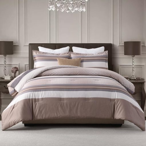Edredon de Tamano Queen DDUOXIN - Moderno Rayas de Algodon de Fibra Larga en Tamano Queen, Juego de Edredon Suave Marron de Invierno para Cama, 2 Fundas de Almohada