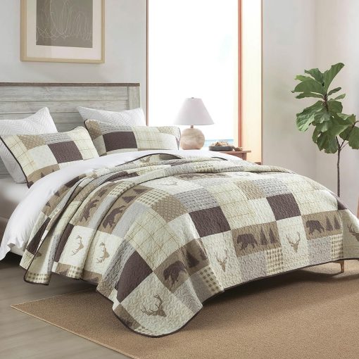 Juego de Edredones a Cuadros QuiltEase Tamaño Queen - Juego de 3 Piezas - Edredon de Granja de Algodon 100% para Todas las Estaciones - Juego de Conforter Reversible Ligero - Crema/Marron/Gris - Imagen 2