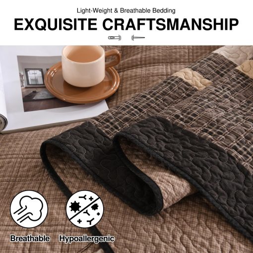 Colcha de Cama DDUOXIN Super King 120" Ancho x 120" Largo - Ligera Colcha de Algodon 100% Extra Grande con 2 Fundas de Almohada, Cubrecamas Reversible Estilo Granja, Juego de Ropa de Cama, Marron Oscuro/Marron/Beige - Imagen 5