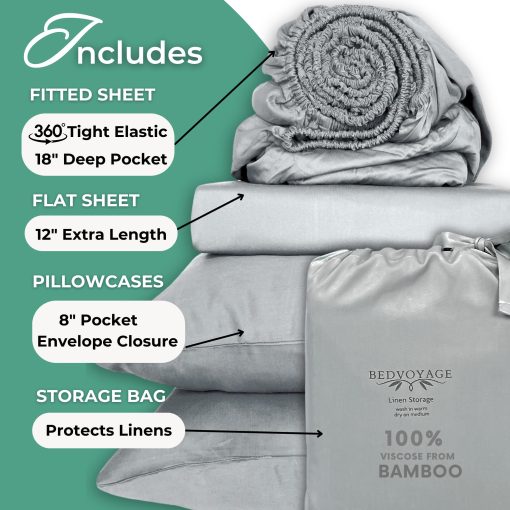 Juego de sabanas Queen BedVoyage 100% Viscosa derivada de bambu - Sabanas refrescantes para un confort maximo, transpirables y suaves con bolsillos profundos - 18? (Piedra) - Imagen 4