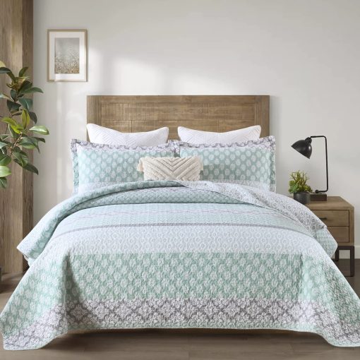 Edredones Queen Size KALOOLA Verde Salvia, 100% Algodon Colcha Bohemia Floral, Juego de Ropa de Cama Reversible Estilo Granja, Edredon Ligero para Todas las Estaciones, 3 Piezas