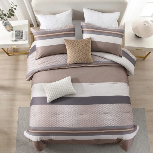 Edredon de Tamano Queen DDUOXIN - Moderno Rayas de Algodon de Fibra Larga en Tamano Queen, Juego de Edredon Suave Marron de Invierno para Cama, 2 Fundas de Almohada - Imagen 3