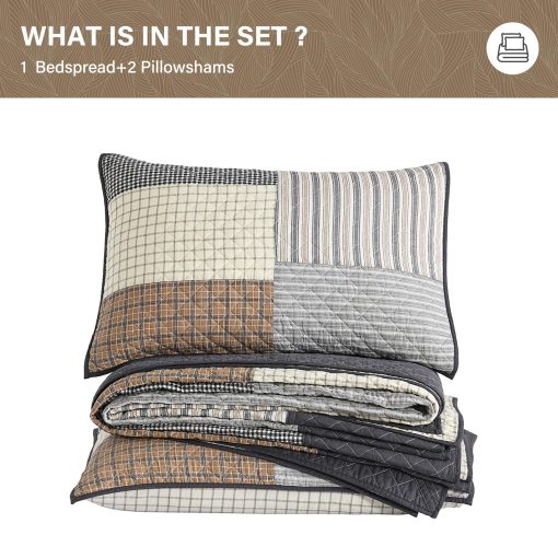 SahSahCasa 100% Algodon 128"x120" Colcha Cubrecama Edredon Cal King XL, Juego de colcha oversized Cal King, Colcha Acolchada Grande, Colcha Patchwork Plaid Ligera, Marron/Crema/Gris - Imagen 6