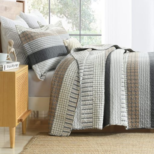 Juego de colcha Queen Size Finlonte, Juego de colcha Queen, Colcha de algodon 100%, Juego de ropa de cama Queen acolchado a rayas en gris, Colchas reversibles suaves y ligeras, Juego de edredon confortable para todas las estaciones, 3 piezas - Imagen 2