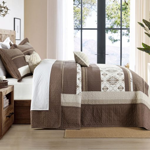 Colcha de cama de algodon 100% tamano Queen extragrande - 102"x120" Juego de colchas reversible con estampado a rayas marron, edredon ligero, cubrecamas transpirable de estilo campestre, marron/beige - Imagen 3