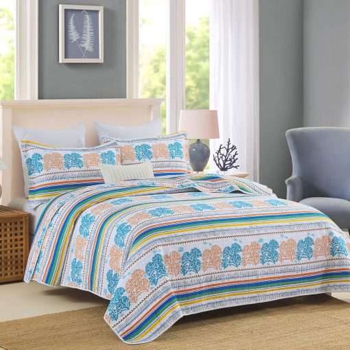 Juego de Colcha Queen Finlonte, Colcha de Algodon Queen Ligera, Diseno de Coral Costero Colchas Tamano Queen, Suave Juego de Cama de Colcha Queen Transpirable y Amigable con la Piel para Todas las Estaciones, 3 Piezas - Imagen 2