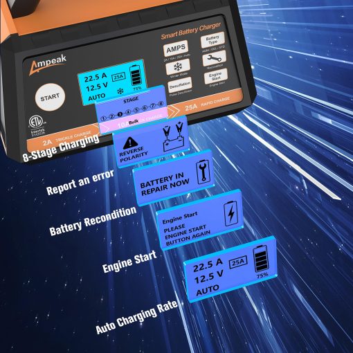 Cargador de Bateria para Automovil Ampeak, Cargador de Bateria 2A/10A/25A, Cargador de Bateria Totalmente Automatico de 12V con Modo Invierno, Desulfatador Automatico, Recuperacion de Bateria para Todos los Tipos de Baterias de Plomo-acido - Imagen 2