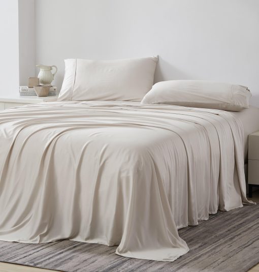 Juego de Sabanas Super Suaves Southshore Fine Living, Inc., Tencel/Mezcla de Algodon, 4 Piezas Transpirables con Bolsillo Profundo, Tamano Completo con Sabana Ajustable, Sabana Plana Extragrande, 2 Fundas de Almohada; Color Hueso