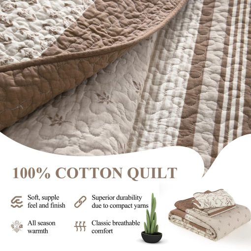 Edredon Queen DDUOXIN de Granja 100% Algodon - Suave Edredon Queen con 2 Fundas de Almohada, Colcha de Otoño Reversible Ligera Juego de Ropa de Cama para Todas las Estaciones, Marron/Topo/Beige Arenoso, Queen - Imagen 4