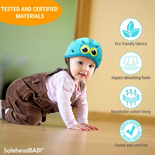 Casco de seguridad para bebe SafeheadBABY galardonado con premios Casco para bebe para gatear y caminar Ultraligero Protector de cabeza para bebe expansible y transpirable Cascos de proteccion para la cabeza del bebe - Dino Verde - Imagen 4