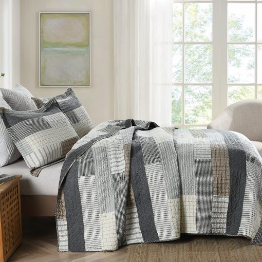 Colcha King Size PERHOM - 100% Algodon Estilo Rustico para Cama King, Juego de Colcha King Edredon para Cama, Ligera y Calida, Gris/Marron/Beige - Imagen 2