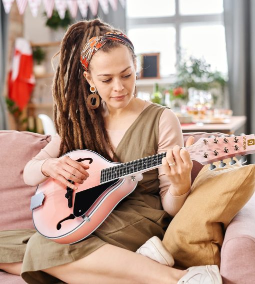 Mandolina Vangoa A Style Instrumento Musical Mandolina para Principiantes Ninos Adultos, Mandolina Acustica de 8 Cuerdas Kit Inicial de Caoba, Rosa - Imagen 8