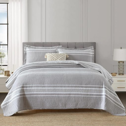 Quilta Juego de Edredon 100% Algodon Tamano Queen - Colcha Ligera Acolchada, Juego de Ropa de Cama a Rayas Gris 3 Piezas, Suave y Ligero Decoracion del Hogar para Todas las Estaciones, Gris/Blanco - Imagen 6