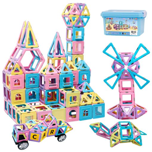 Juguetes de Bloques de Construccion de Azulejos Magneticos para Ninos, 136 Piezas 3D Castillo Creativo de Construccion Magnetica Juego de Apilamiento Inteligencia Preescolar Juguete STEM para Ninas y Ninos de 3 anos en Adelante (Color Macaron)