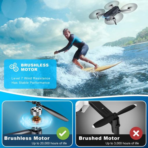 Drone con Camara, Drone FPV de 2K HD con Motor sin Escobillas, Giro de 360?, Vuelo de Puntos de Referencia, Selfie por Gestos, Despegue/Aterrizaje con un Solo Boton, Drone Plegable Mini para Principiantes - Imagen 6