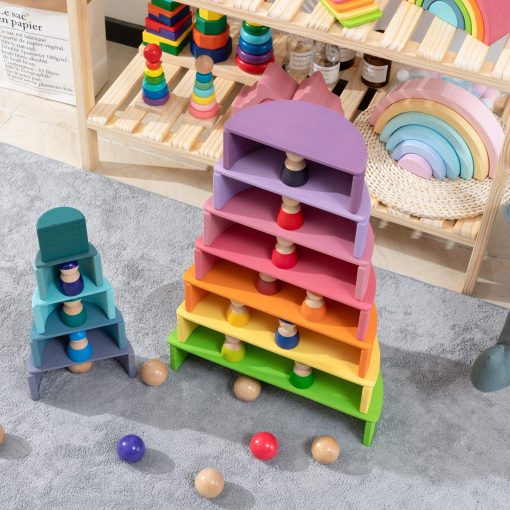 MERRYHEART Juguete de Arco Iris de Madera Apilable, 12 Piezas de Arco Iris de Madera, Juguete de Apilamiento de Arco Iris Extra Grande, Bloques de Construccion de Rompecabezas de Anidacion Juguetes Educativos para Ninos Pequenos - Imagen 5