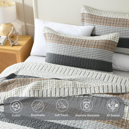 Juego de colcha Queen Size Finlonte, Juego de colcha Queen, Colcha de algodon 100%, Juego de ropa de cama Queen acolchado a rayas en gris, Colchas reversibles suaves y ligeras, Juego de edredon confortable para todas las estaciones, 3 piezas - Imagen 4
