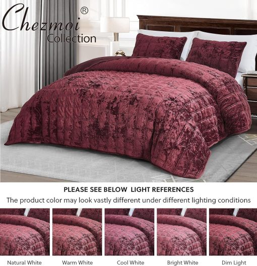 Chezmoi Collection Piers Juego de Colchas de Terciopelo Borgoña King Oversized, Set de 3 Piezas de Ropa de Cama de Terciopelo Desgastado Todo el Año - Reversible de Microfibra Cepillada con Doble Cuadrado de Costura - Imagen 5