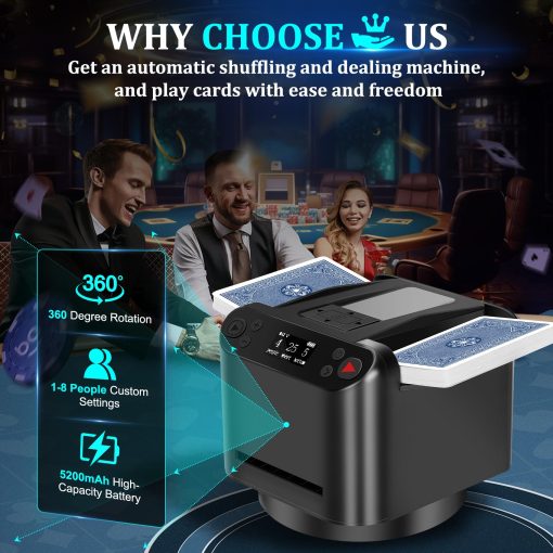 Barajador y Repartidor Automatico 2 en 1, Repartidor de Cartas de 2 Barajas con Control Remoto Inalambrico 360? Rotativo, Ultracallado, Recargable, Funciona con UNO, Taco Cat Goat Cheese Pizza, Five Crowns, Monopoly Deal, etc - Imagen 6