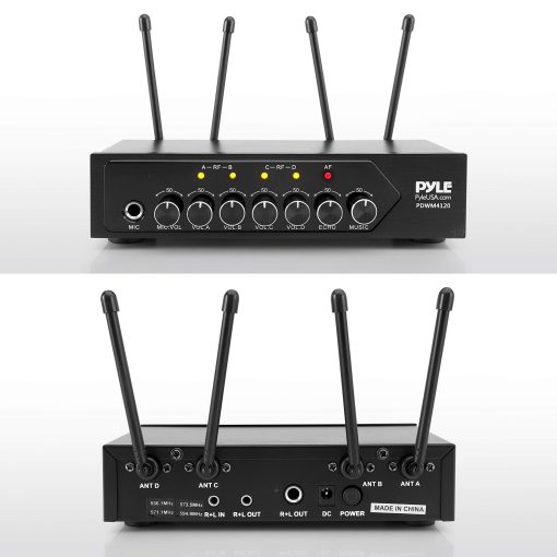 Sistema de Microfono Inalambrico UHF Portatil Pyle - Set de Cuatro Microfonos Bluetooth Inalambricos con Bateria, 50 Canales de Frecuencia Selectable, Base Receptora, AUX, Karaoke DJ Fiesta - Pyle PDWM4120 - Imagen 2