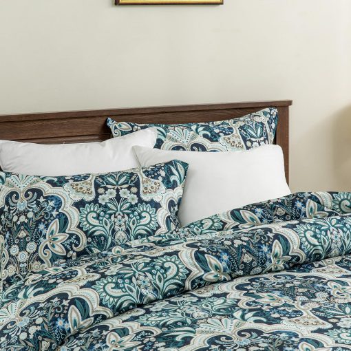 Juego de Edredon Queen Finlonte Damask, Edredon de Algodon 100%, Juego de Cama de Edredon Floral Paisley, Edredon de Lujo etnico Tamano Queen, Edredon Acolchado Suave Ligero Todo el Ano, Azul Marino/Taupe - Imagen 9