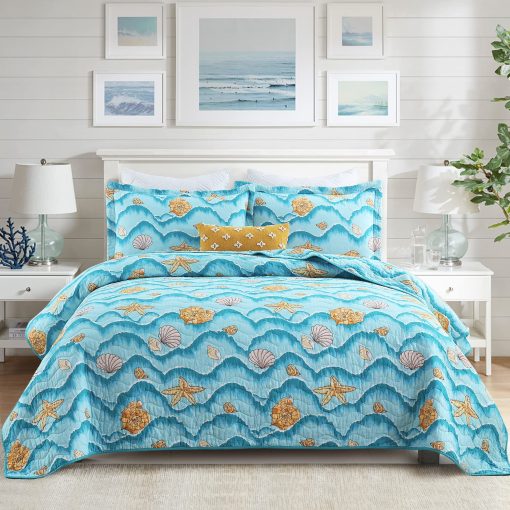 Juego de colcha Queen Finlonte, colcha Queen de algodon ligero, diseno costero azul colchas tamano Queen, juego de ropa de cama de colcha Queen suave y transpirable para todas las estaciones, 3 piezas