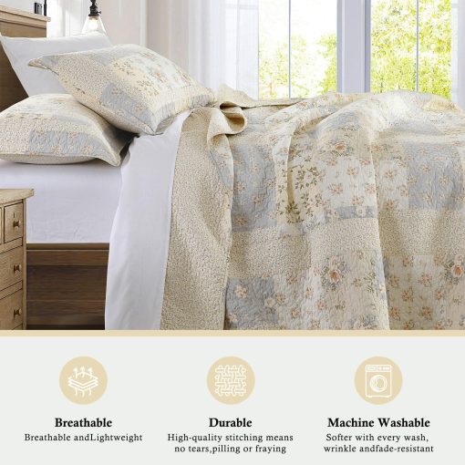 Colcha QuiltMuse Tamano King Extremadamente Grande 120"x120" - Cubrecama King de Algodon 100% Ligero con 2 Fundas de Almohada, Colcha Extra Grande Reversible con Estampado Floral para King/Cal King, Beige - Imagen 6