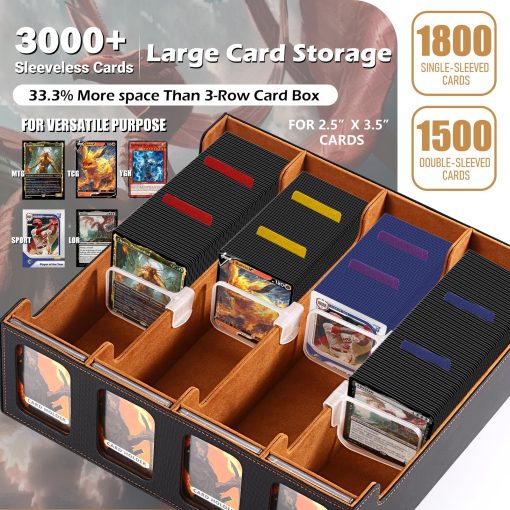 Komick Ultra-Capacity 4-Row Trading Card Storage Box with Commander Display, Holds 3000+ Cards with Dividers & Card Holders, PU Leather MTG Commander Deck Box, YuGiOh, TCG, Sport Cards (Negro / Dorado) - Imagen 2