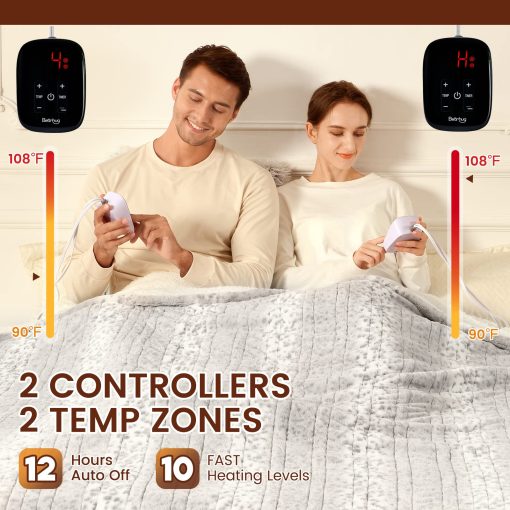 Manta electrica Bearhug tamano Queen 84" x 90", Controladores Duales, Manta Calefactora de Piel Sintetica y Sherpa, 10 Niveles de Calentamiento y Apagado Automatico de 1-12H, Proteccion contra Sobrecalentamiento, ETL, Lavable a Maquina - Imagen 4