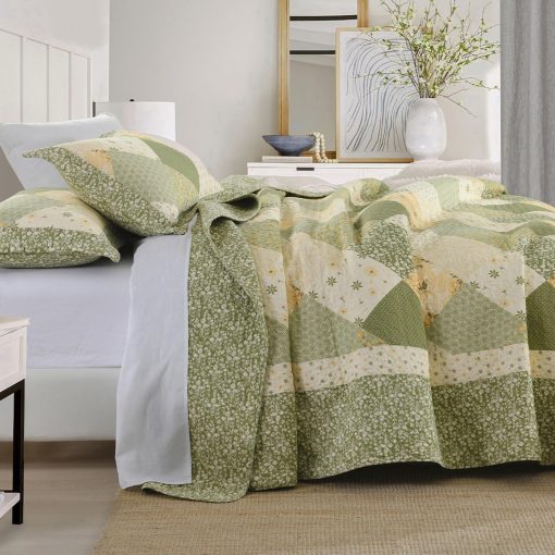 Colcha de Cama Acolchada de Algodon 100% de Gran Tamano 128"x120", Ligera Colcha Extra Grande para Cama King de California, Cubrecamas Reversible Acolchado, Juego de 3 Piezas, Verde - Imagen 3