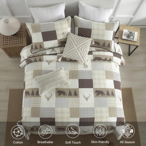 Juego de Edredon de Patchwork 100% Algodon Tamano Queen - Estampado de Animales y Cuadros, Edredon Ligero de Patchwork, Funda Suave para Decoracion del Hogar Juego de Cama 3 piezas para Todas las Estaciones, Beige/Marron - Imagen 2