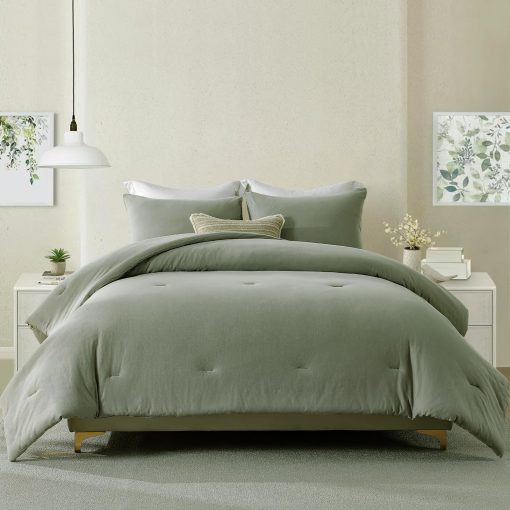 Juego de Edredon Queen Size de Algodon de Fibra Larga SahSahCasa - Edredon Esponjoso, Juego de Ropa de Cama 100% Algodon para Cama Queen, Edredon Transpirable Solido, Alternativa de Plumas, 90" x 90", 3 piezas, Verde Grisaceo