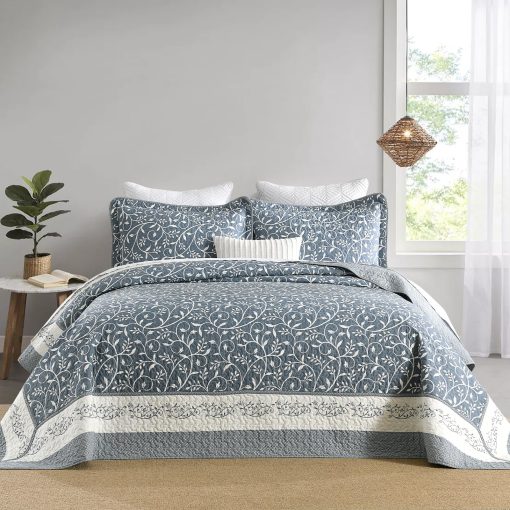 SahSahCasa 100% Algodon 128"x120" Colcha de California King XL Extra Grande, Cubrecama Edredon, Colcha Cal King Acolchada Extra Grande, Colcha Ligera, 3 Piezas, Gris Azulado/Blanco - Imagen 3