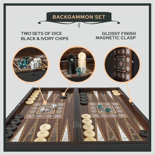 Juego de Tablero de Backgammon Turco - 19'' para Adultos con Diseno de Madera Pulida y Elegante Mosaico para Diversion Clasica - Juegos de Viaje para Entretenimiento Familiar y de Parejas - Imagen 4