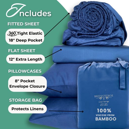 Juego de sabanas de lujo BedVoyage Queen - 100% Viscosa derivada de Bambu - Ropa de cama refrigerante para la maxima comodidad - Suaves sabanas transpirables - Bolsillos profundos de 18" (indigo) - Imagen 4