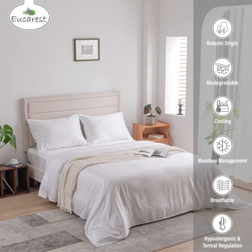 Juego de sabanas Split-King de Lyocell de Eucalipto, Hipoalergenico 100% Organico Tencel, Regulacion Termica y Absorcion de Humedad para Personas que Duermen Calientes, Calidad Superior de Hilos, Bolsillos Extra Profundos - Blanco - Imagen 3