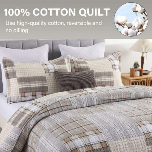 SahSahCasa Colcha Queen Size, Juego de Colcha Queen, Set de Ropa de Cama de Colcha Queen 100% Algodon, Edredones Ligeros de Cuadros Reversibles Estilo Granja para Cama Queen, Beige/Gris/Marron - Imagen 2