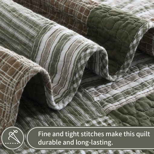 Juego de Edredon Queen KALOOLA de Algodon, Set de Cama de Plaid Verde Beige 3 Piezas, Cubrecamas Ligero de Granja para Todas las Estaciones, 1 Edredon 2 Fundas de Almohada - Imagen 4