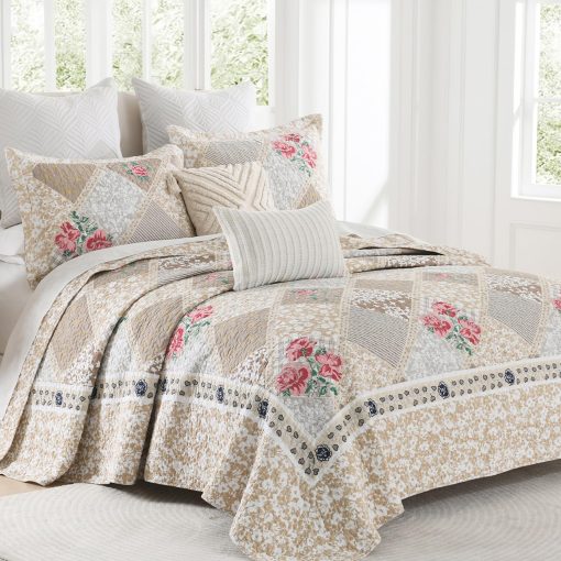 Colcha de Pared 100% Algodon de Gran tamano 128"x120", Colchas California King livianas, Colchas florales extra grandes, Colcha Reversible Acolchada para Cama, 3 Piezas, Marron