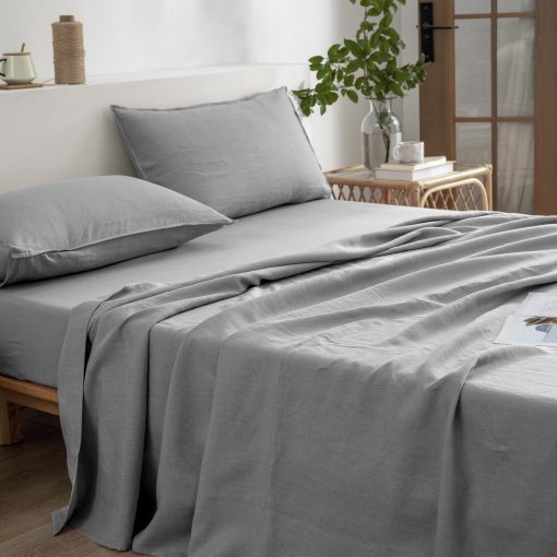 Juego de Sabanas de Lino EVERLY para Cama Queen, 100% Lino Frances Lavado a la Piedra Sabanas de Cama con Bolsillos Profundos, 4 Piezas (1 Sabana Plana, 1 Sabana Ajustable, 2 Fundas de Almohada) Juego de Ropa de Cama de Lino Natural, Gris Claro - Imagen 3