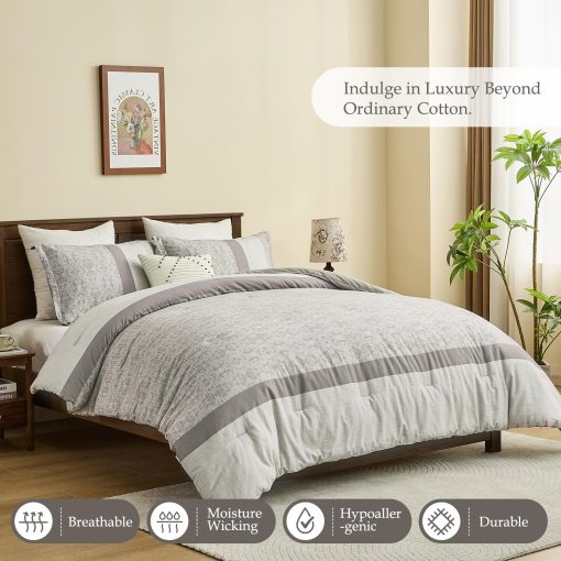 Juego de Edredon PlushVibes Queen a Rayas - 100% Algodon Cepillado Marron Gris Ligero de 3 Piezas Tamaño Queen, Juego de Ropa de Cama Reversible Moderno Impreso de 300TC con 2 Fundas de Almohadas, Todo-estacion 90"x90" - Imagen 4