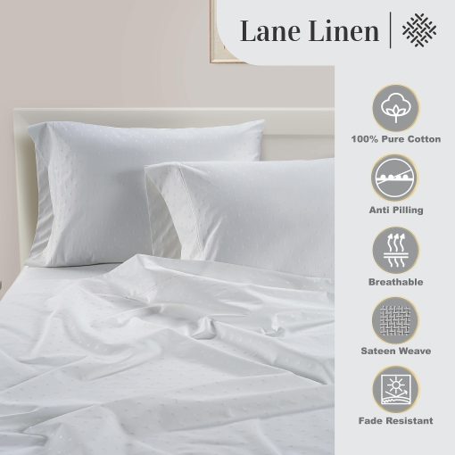 Juego de sabanas LANE LINEN 100% algodon egipcio - 1000 hilos 4PC Queen Sheets Set, sabana de algodon de fibra larga, tejido satinado, sabanas de hotel de lujo, bolsillo profundo, Swiss Dot - Blanco - Imagen 5