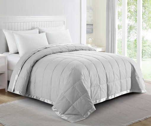 Mantas de Tamano King puredown - Mantas de Pluma Suaves y Ligeras para Todas las Estaciones, Manta de Cama de Lujo Calida y Acogedora con Ribete de Saten, Funda de Algodon, Gris Claro (108"X90")