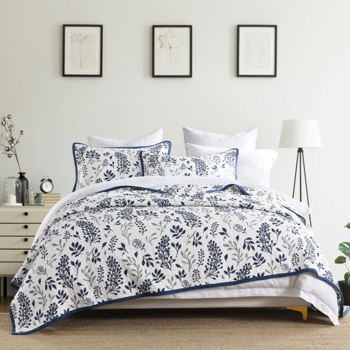 Edredon tamaño Queen LORRIARD, 100% Algodon Floral Juego de Colcha Queen, Juego de Cama Queen Azul Gris de Estilo Granja, Colcha Reversible Ligera para Todas las Estaciones, 3 Piezas